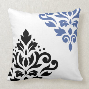 Scroll Damask Art I Black & Blue on White Cushion