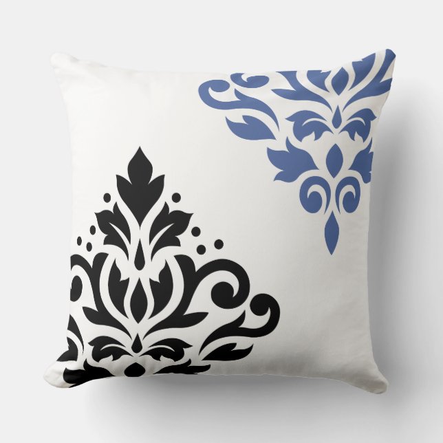 Scroll Damask Art I Black & Blue on White Cushion (Front)