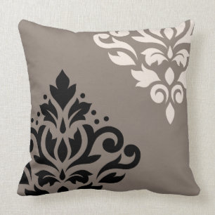 Scroll Damask Art I Black & Cream on Taupe Cushion