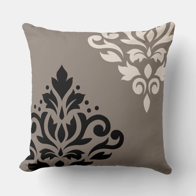 Scroll Damask Art I Black & Cream on Taupe Cushion (Front)