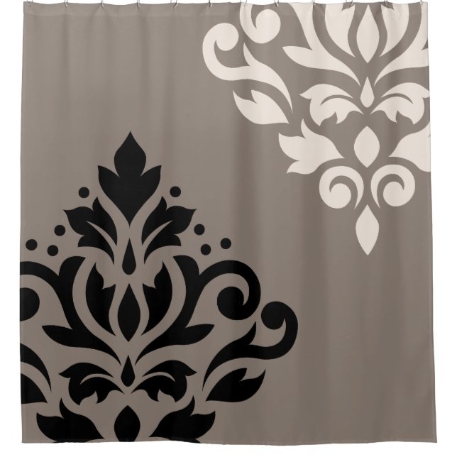 Scroll Damask Art I Black & Cream on Taupe Shower Curtain (Front)