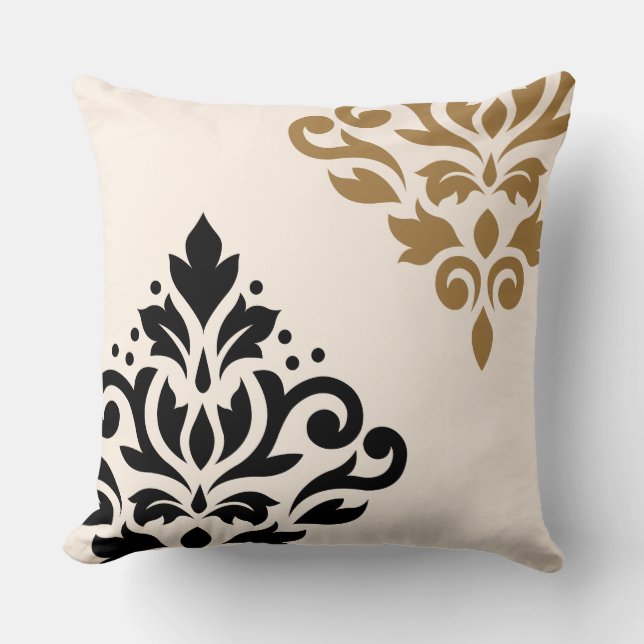 Scroll Damask Art I Black & Gold on Cream Cushion (Front)