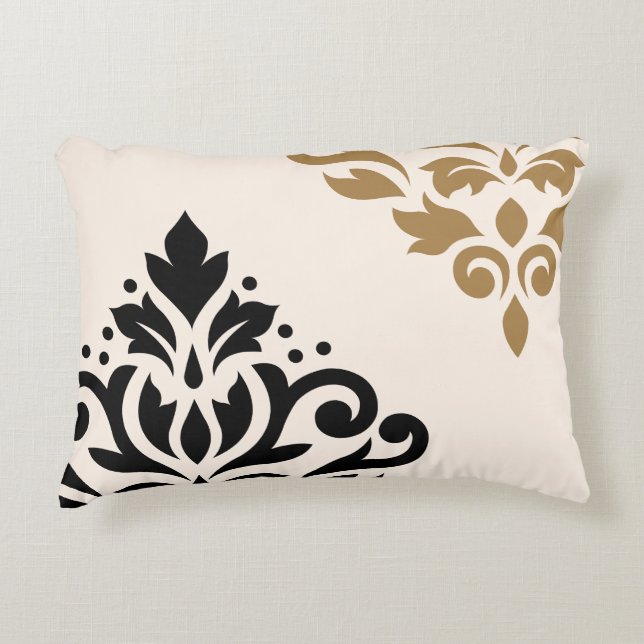 Scroll Damask Art I Black & Gold on Cream Decorative Cushion (Front)
