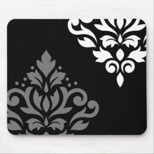 Scroll Damask Art I Black Gray White Mouse Pad