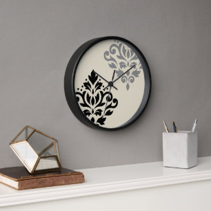 Scroll Damask Art I Black Grey Cream Clock