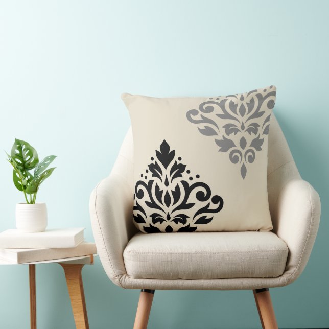 Scroll Damask Art I Black Grey Cream Cushion (Chair)
