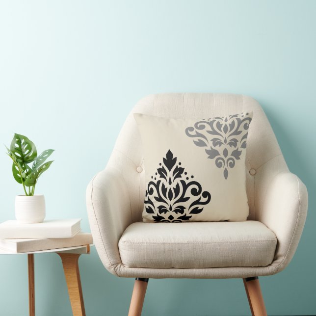 Scroll Damask Art I Black Grey Cream Cushion (Chair)
