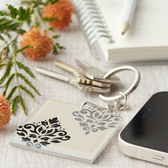 Scroll Damask Art I Black Grey Cream Key Ring (Front Right)