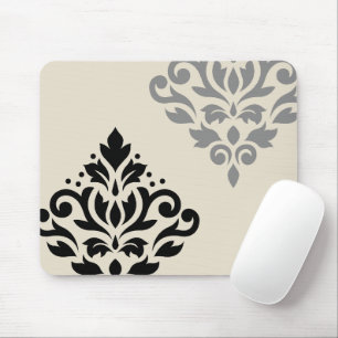 Scroll Damask Art I Black Grey Cream Mouse Pad
