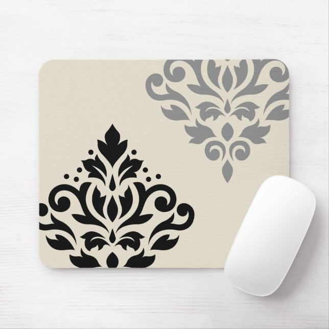 Scroll Damask Art I Black Grey Cream Mouse Pad (With Mouse)