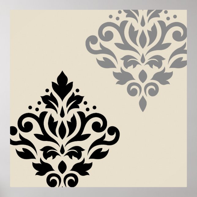 Scroll Damask Art I Black Grey Cream Poster (Front)