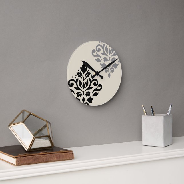 Scroll Damask Art I Black Grey Cream Round Clock (Office)