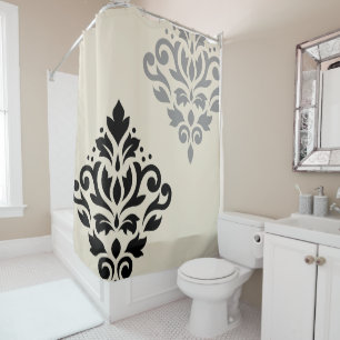 Scroll Damask Art I Black Grey Cream Shower Curtain