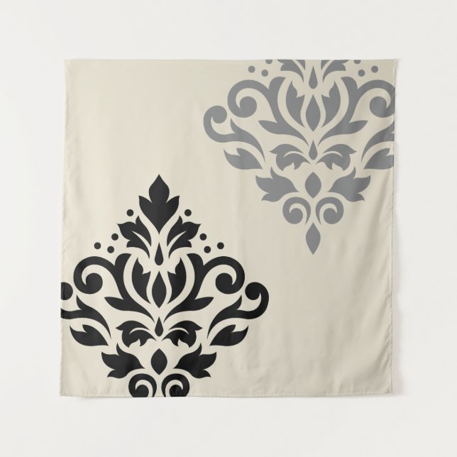 Scroll Damask Art I Black Grey Cream Tapestry (Front)