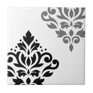 Scroll Damask Art I Black & Grey on White Ceramic Tile