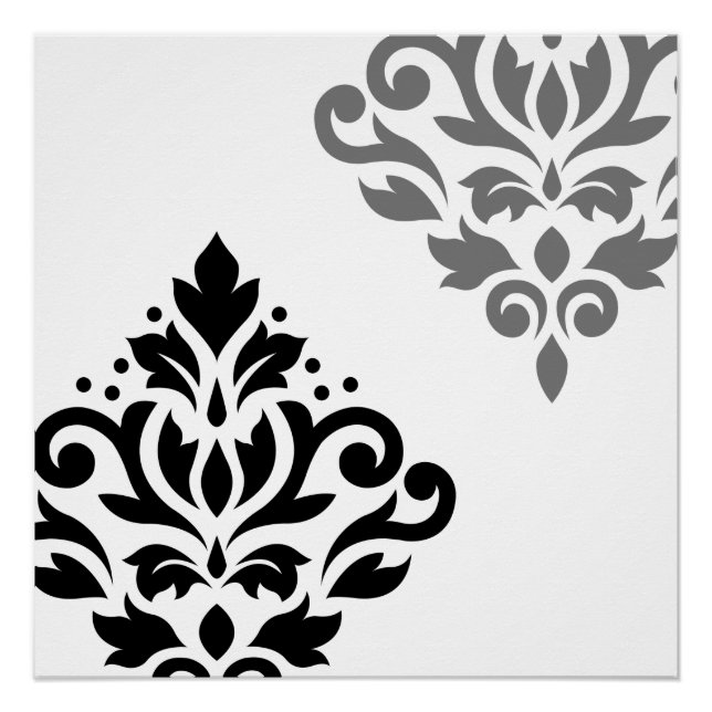Scroll Damask Art I Black & Grey on White Poster (Front)