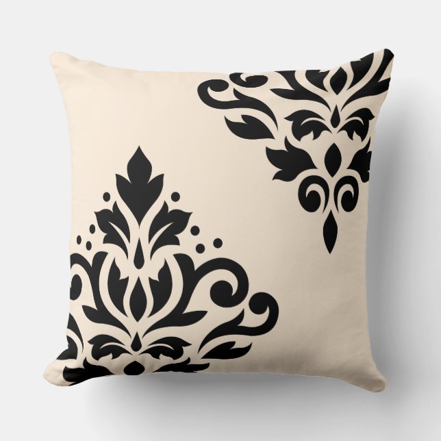 Scroll Damask Art I Black on Cream Cushion (Front)