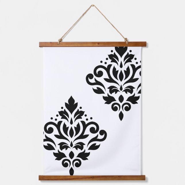 Scroll Damask Art I Black on White Hanging Tapestry (Front)