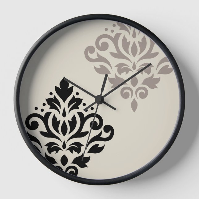 Scroll Damask Art I Black Taupe Cream Clock (Front)