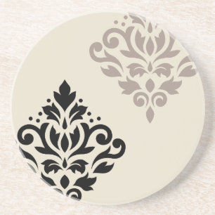 Scroll Damask Art I Black Taupe Cream Coaster