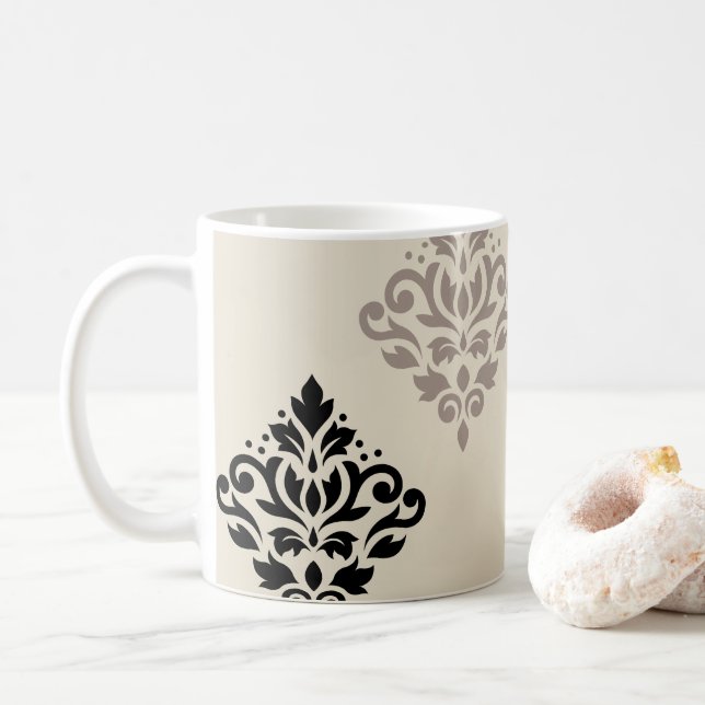Scroll Damask Art I Black Taupe Cream Coffee Mug (With Donut)