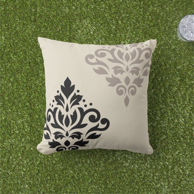 Scroll Damask Art I Black Taupe Cream Cushion (Grass)