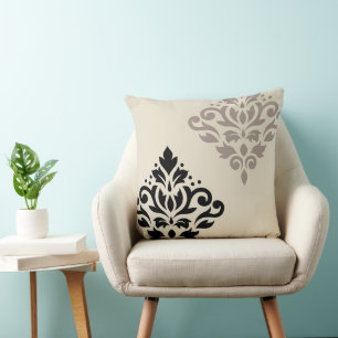 Scroll Damask Art I Black Taupe Cream Cushion