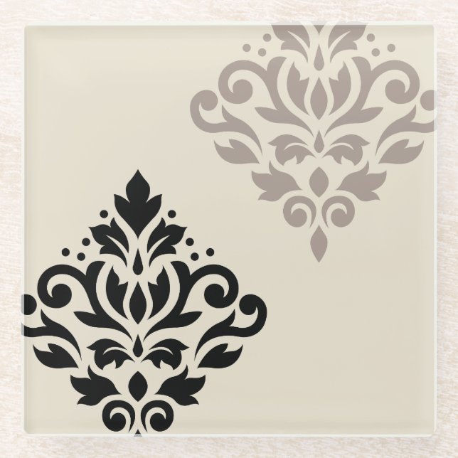 Scroll Damask Art I Black Taupe Cream Glass Coaster (Front)
