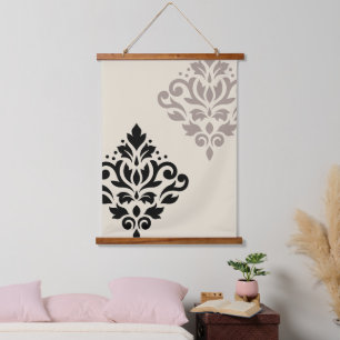 Scroll Damask Art I Black Taupe Cream Hanging Tapestry