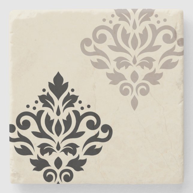 Scroll Damask Art I Black Taupe Cream Stone Coaster (Front)