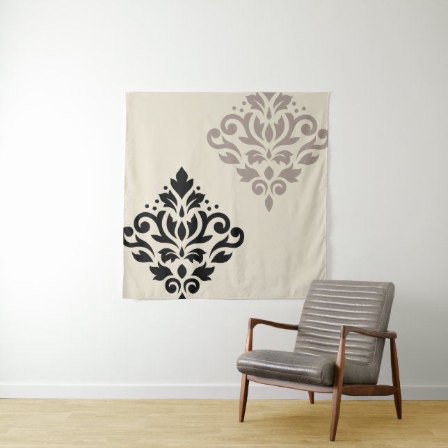 Scroll Damask Art I Black Taupe Cream Tapestry (In Situ)