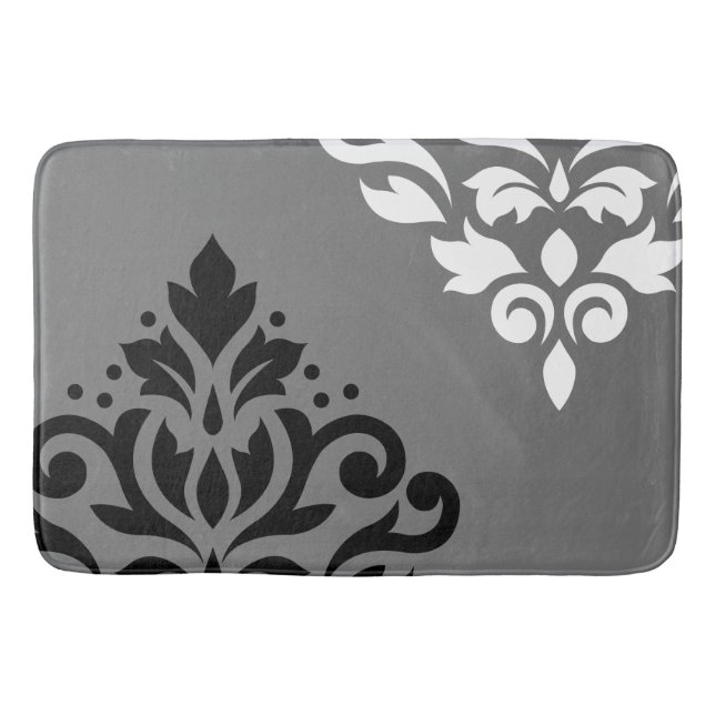 Scroll Damask Art I Black & White on Grey Bath Mat (Front)
