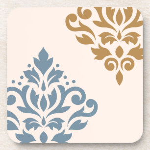 Scroll Damask Art I Blue Gold Cream Coaster