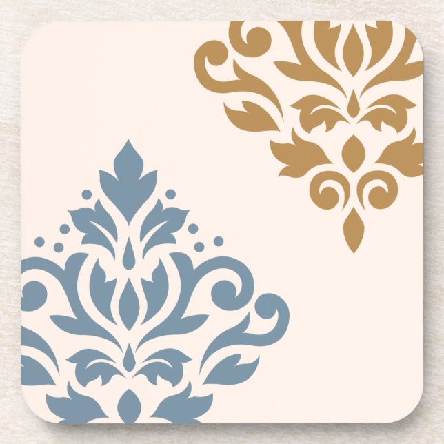 Scroll Damask Art I Blue Gold Cream Coaster (Front)