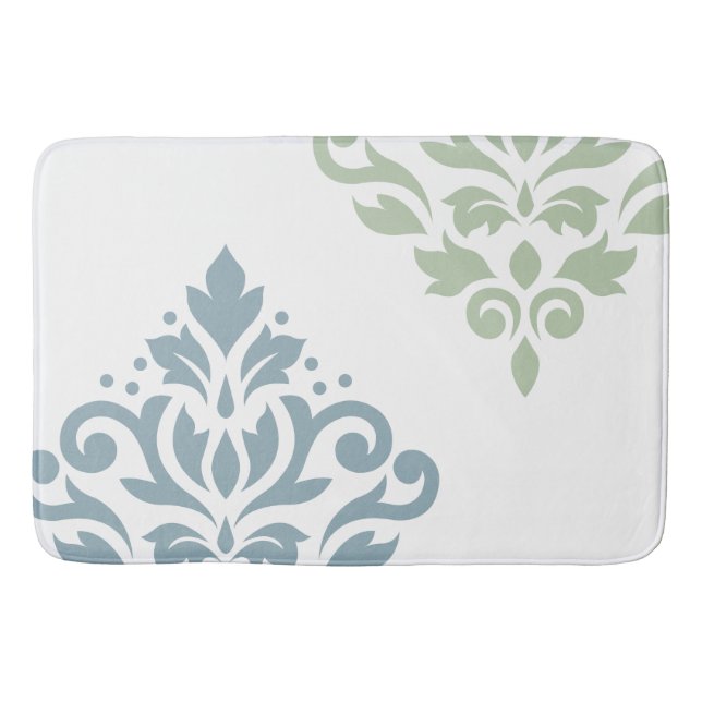 Scroll Damask Art I Blue Green White Bath Mat (Front)