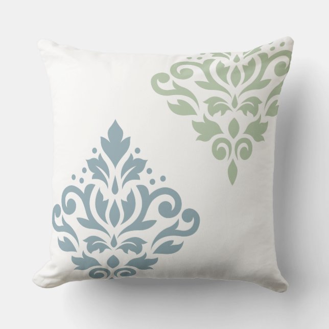 Scroll Damask Art I Blue Green White Cushion (Front)