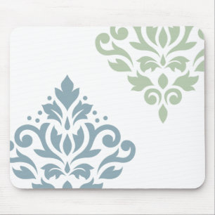 Scroll Damask Art I Blue Green White Mouse Pad