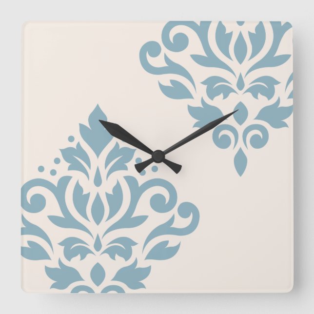 Scroll Damask Art I Blue on Cream Square Wall Clock (Front)
