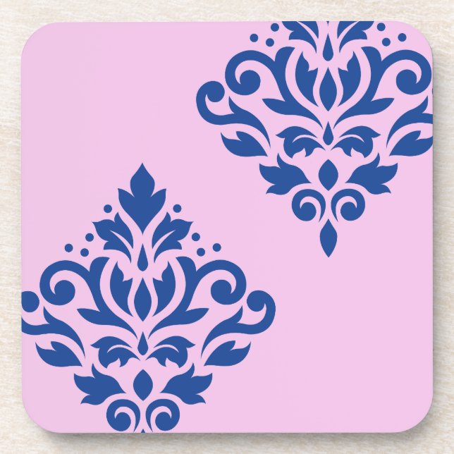 Scroll Damask Art I Blue on Pink Coaster (Front)