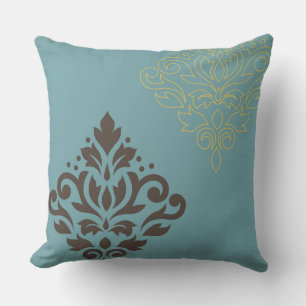 Scroll Damask Art I Brown Gold (line) Teal Cushion