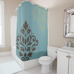 Scroll Damask Art I Brown Gold (line) Teal Shower Curtain
