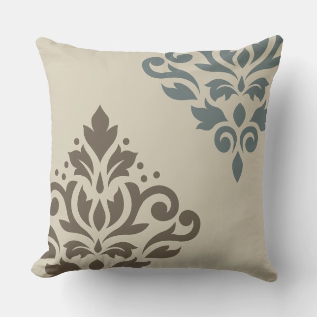 Scroll Damask Art I Brown Teal-Grey Sand Cushion (Front)
