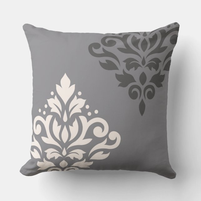 Scroll Damask Art I Cream & Greys Cushion (Front)