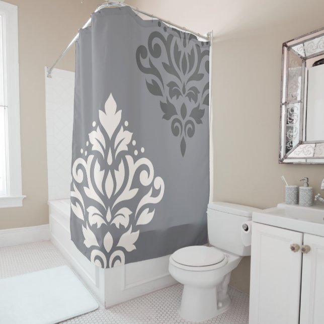 Scroll Damask Art I Cream & Greys Shower Curtain (In Situ)