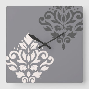 Scroll Damask Art I Cream & Greys Square Wall Clock