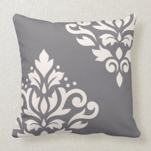 Scroll Damask Art I Cream on Grey Cushion