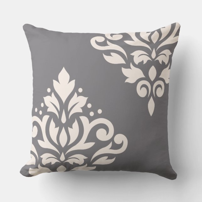 Scroll Damask Art I Cream on Grey Cushion (Front)