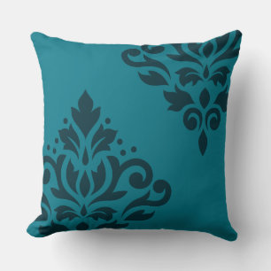 Scroll Damask Art I Dark on Mid-Teal Cushion