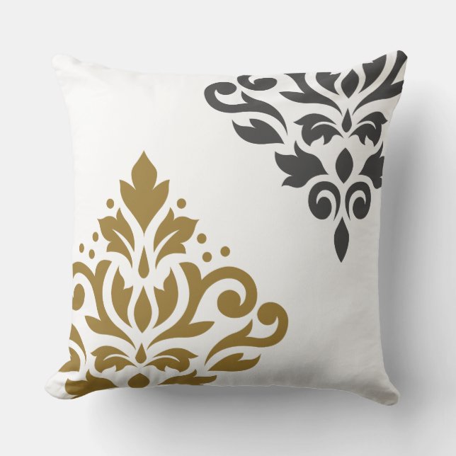 Scroll Damask Art I Gold & Grey on White Cushion (Front)