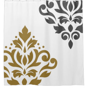 Scroll Damask Art I Gold & Grey on White Shower Curtain